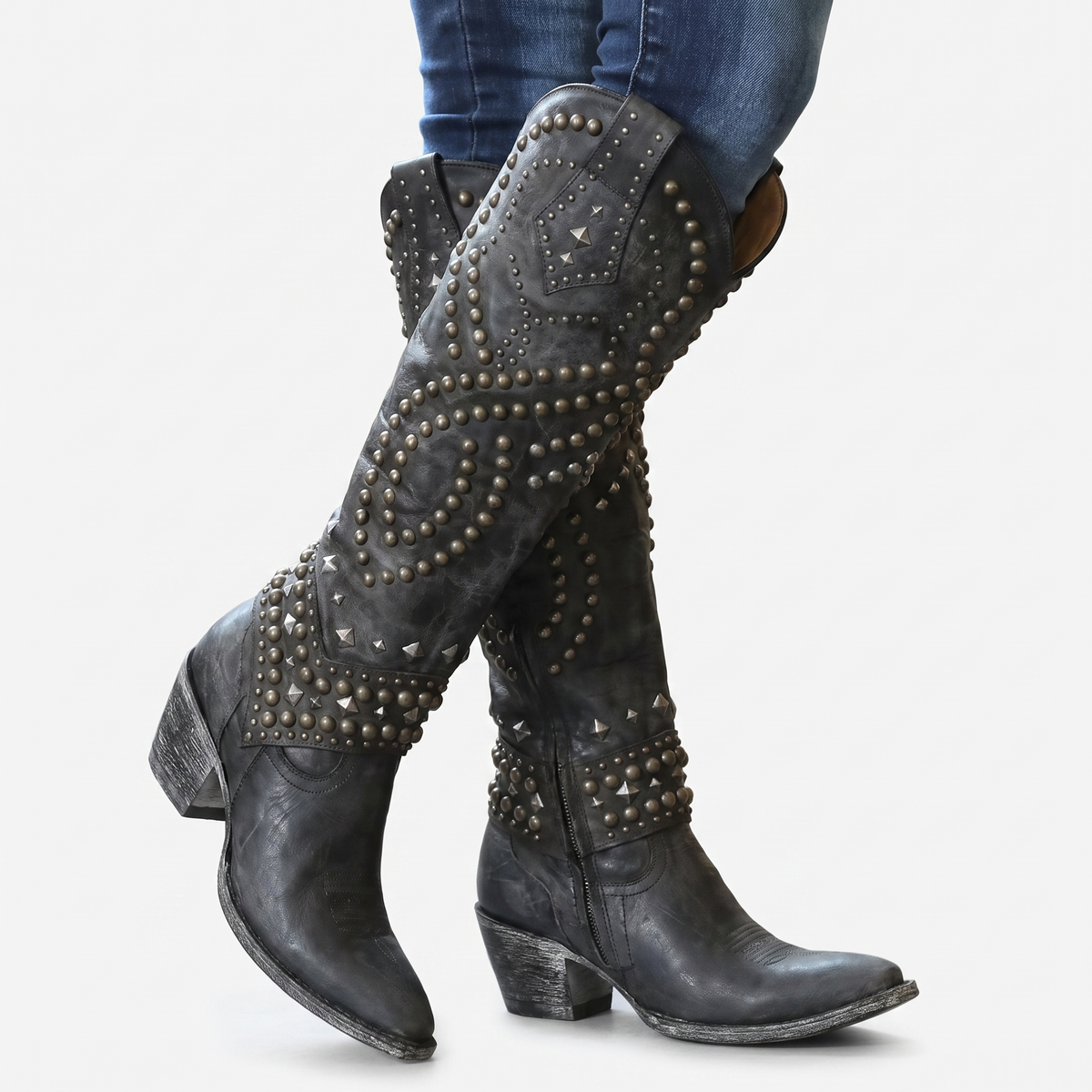Women's Studded Knee-High Western Block Heel Pointed Toe Cowboy Boots