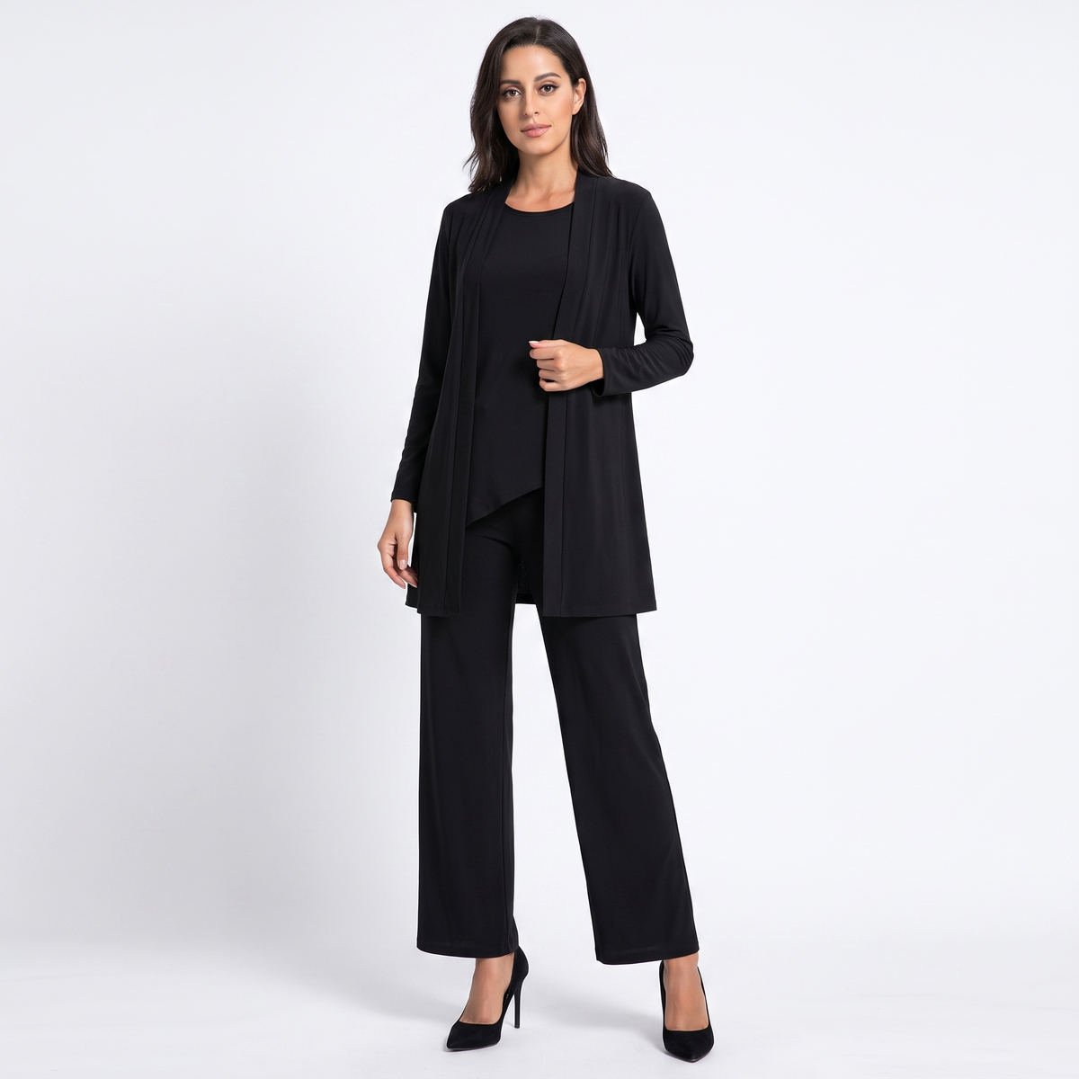 Women's Three Piece Pants Suit Set Longline Winter Cardigan Wide-Leg