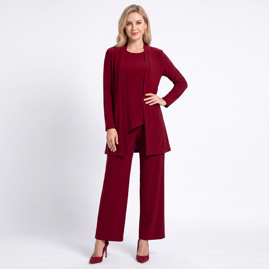 Women's Three Piece Pants Suit Set Longline Winter Cardigan Wide-Leg