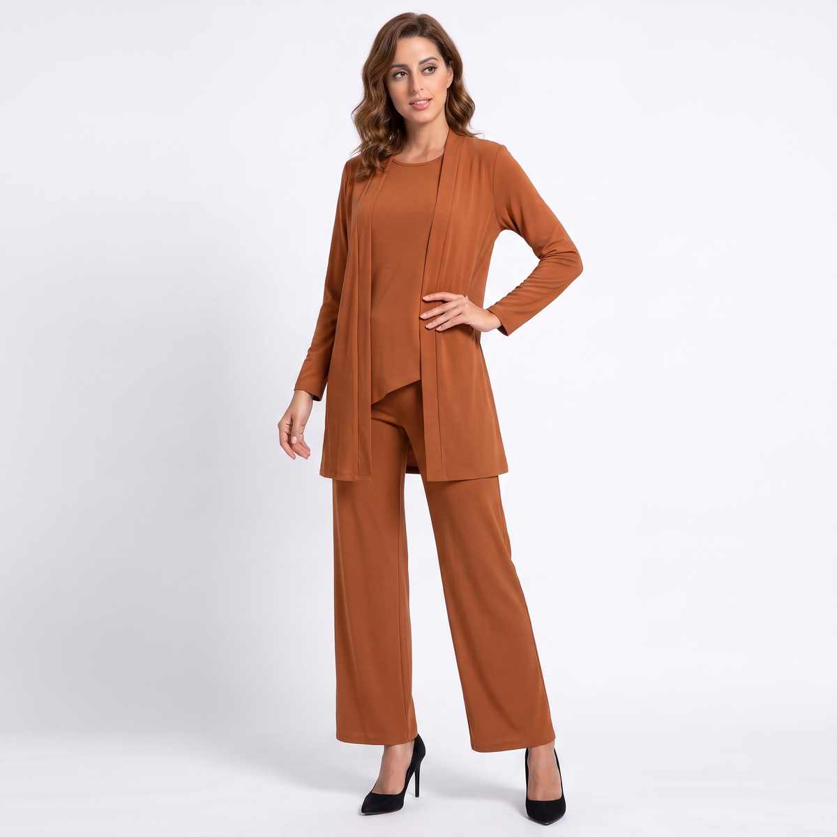 Women's Three Piece Pants Suit Set Longline Winter Cardigan Wide-Leg