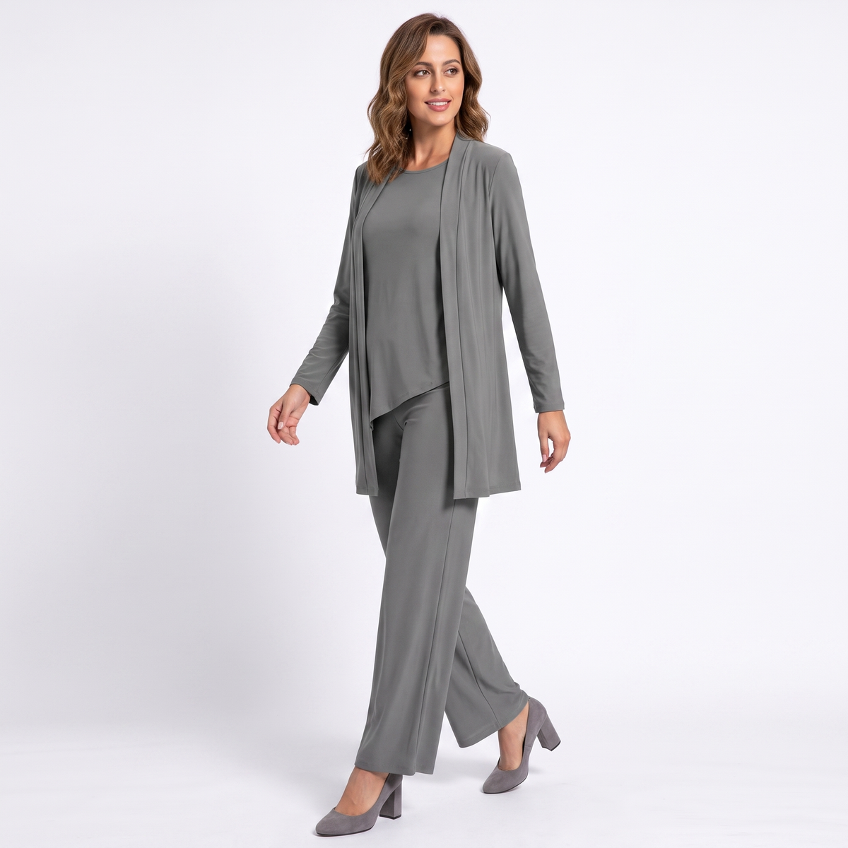 Women's Three Piece Pants Suit Set Longline Winter Cardigan Wide-Leg
