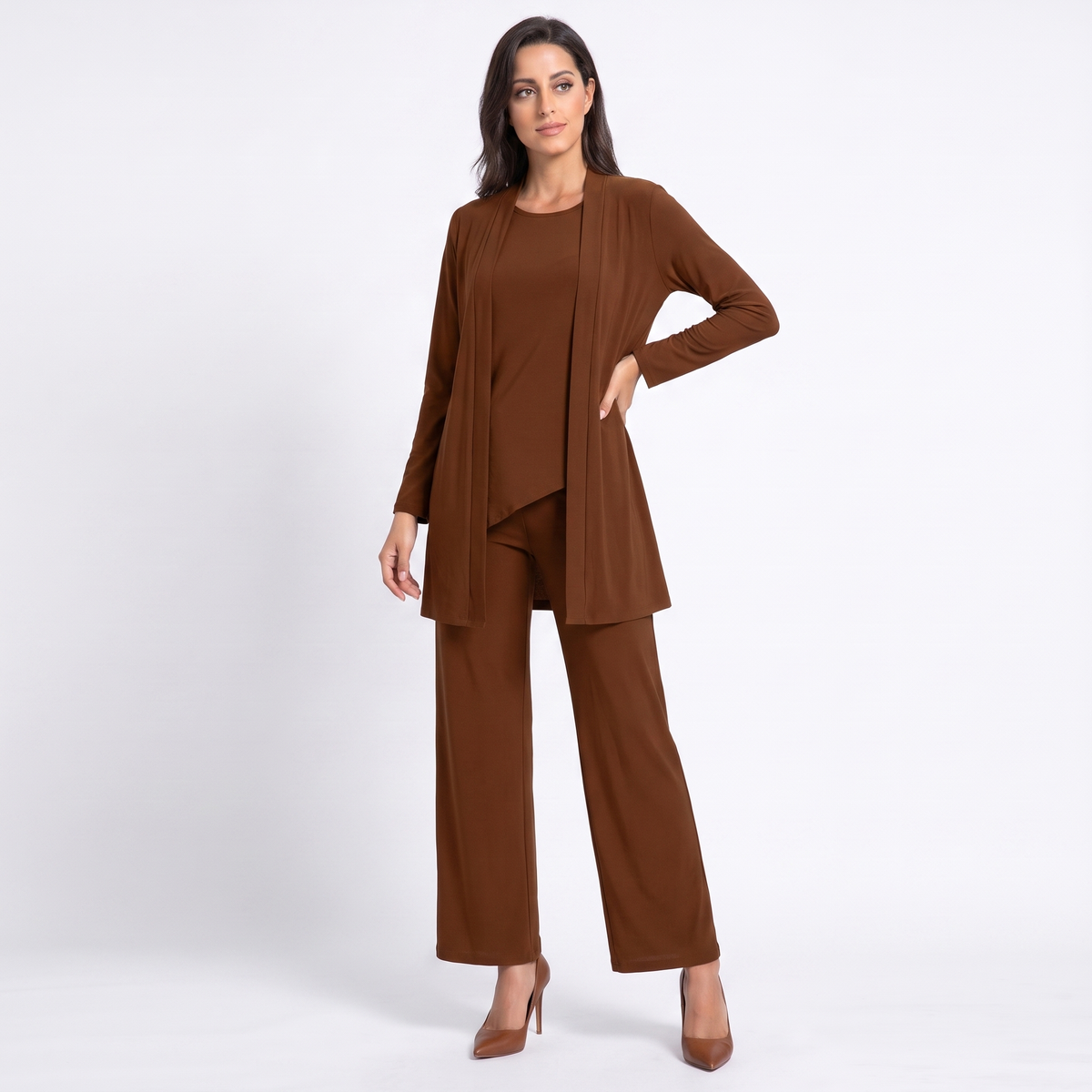 Women's Three Piece Pants Suit Set Longline Winter Cardigan Wide-Leg