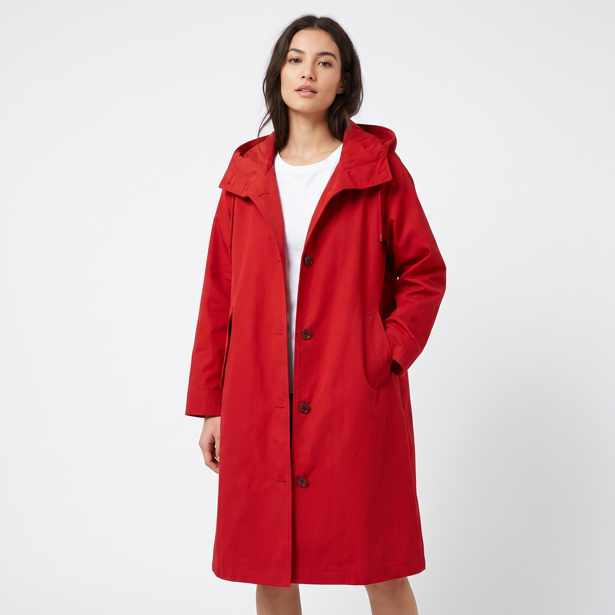Women's Oversized Hooded Trench Coat Button Front Longline Jacket