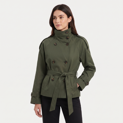 Women's Cropped Trench Coat Double Breasted High Neck Belted Short Jacket Outerwear