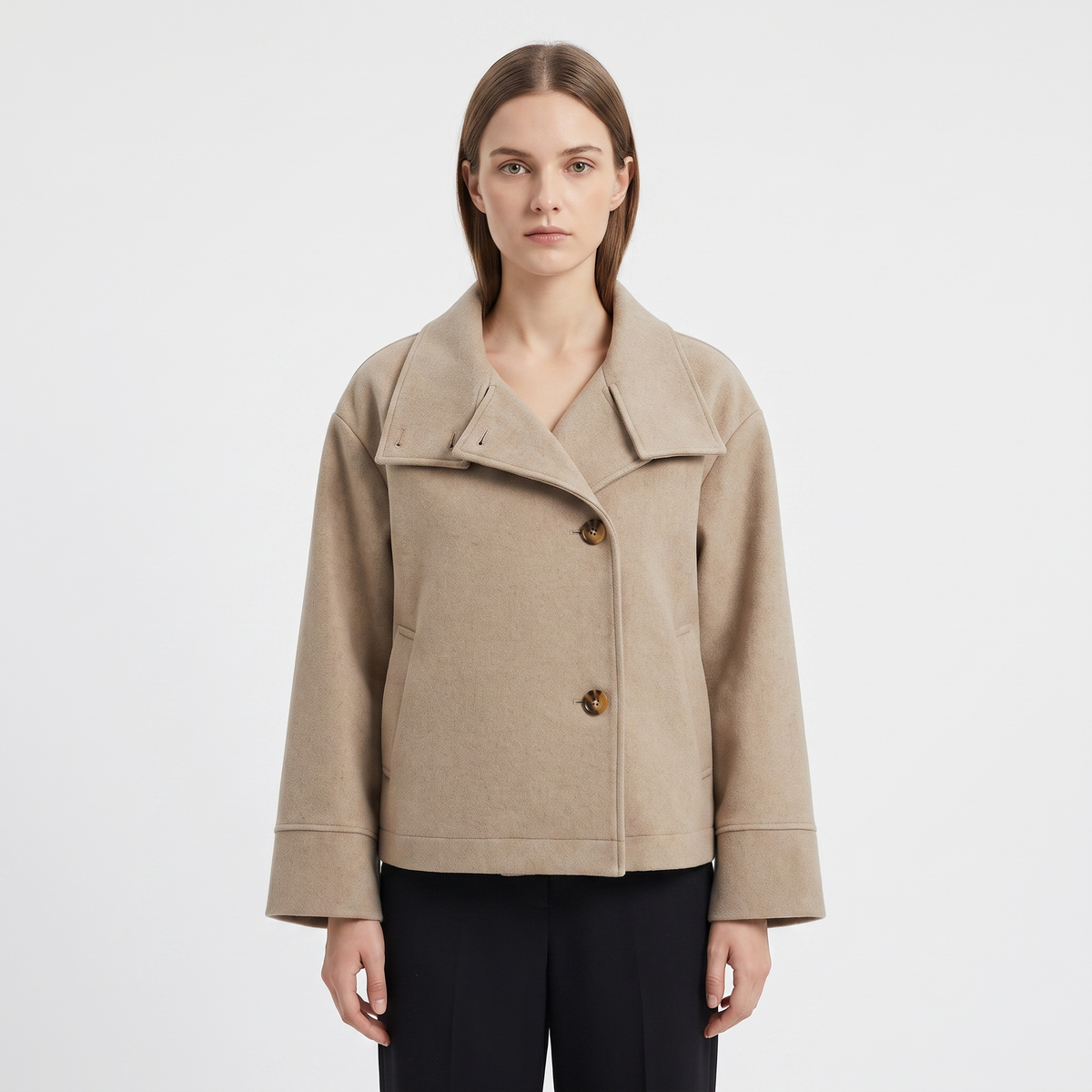 Women's Wool Blend Cropped Jacket Oversized Boxy Button Front Short Coat