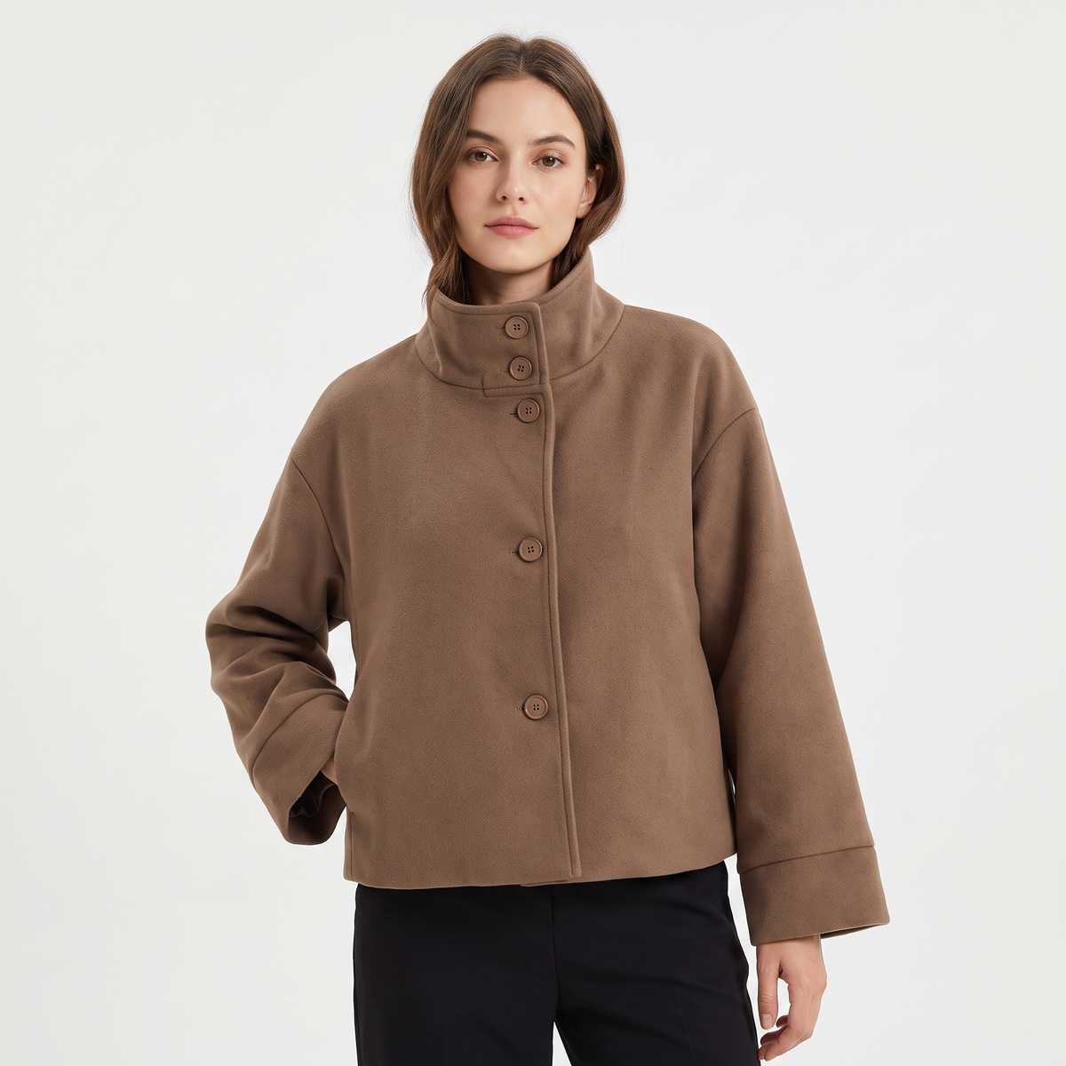 Women's Wool Blend Cropped Jacket Oversized Boxy Button Front Short Coat
