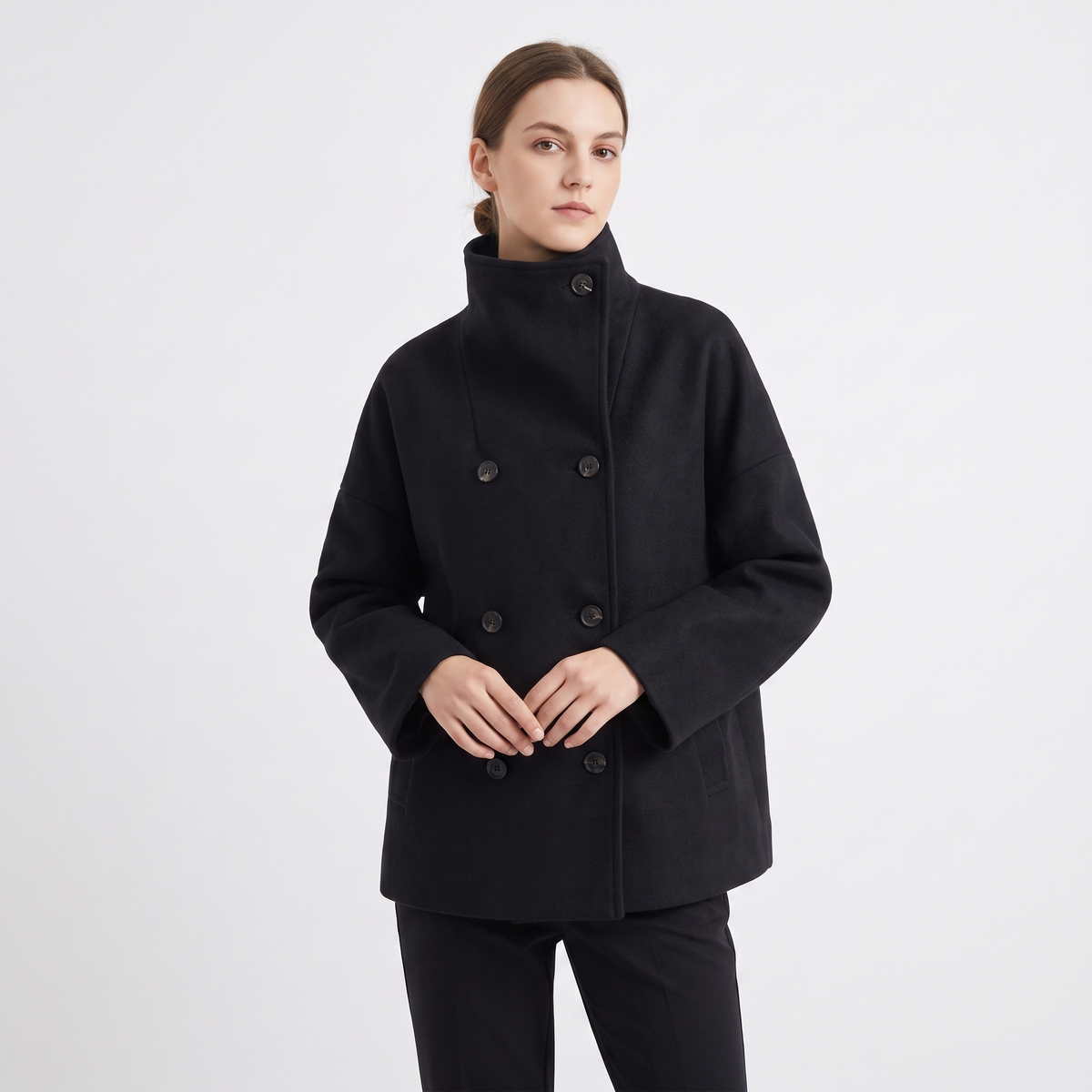 Women's Wool Blend Cropped Jacket Oversized Boxy Button Front Short Coat