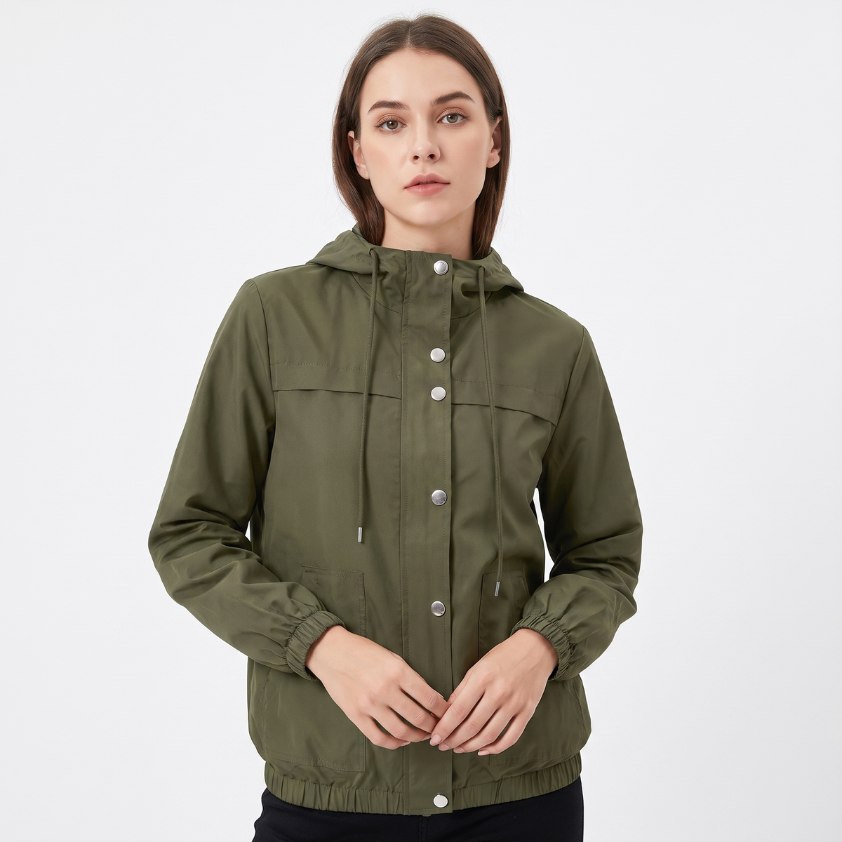Women's Snap Button Windbreaker Jacket Stand Collar Zip Up Casual Lightweight Coat