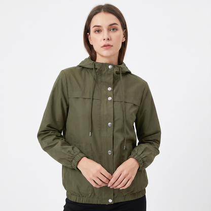 Women's Snap Button Windbreaker Jacket Stand Collar Zip Up Casual Lightweight Coat