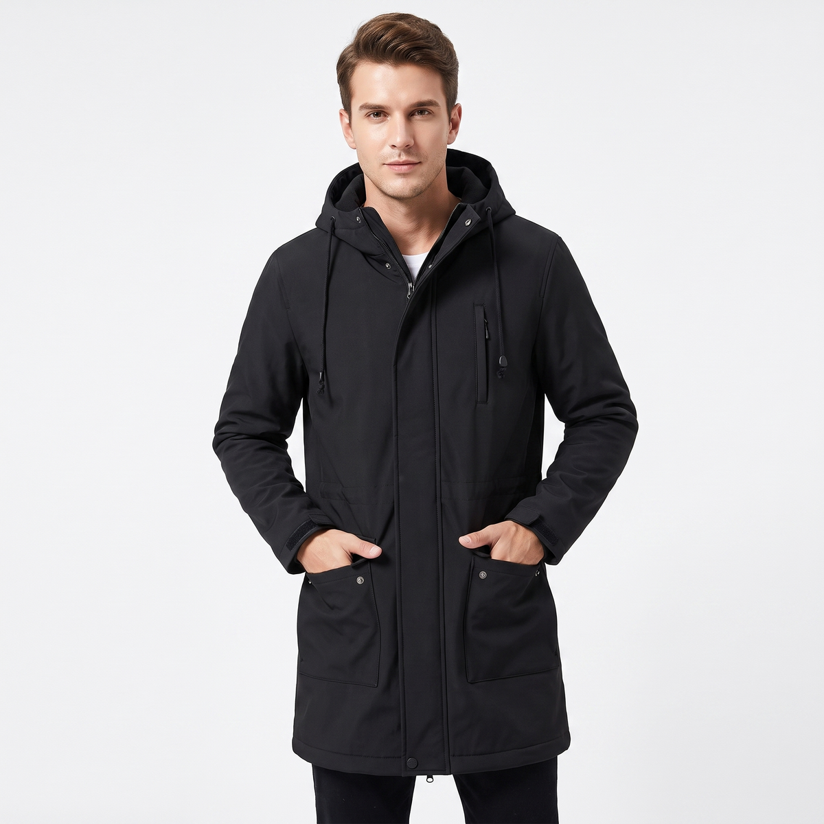 Men's Fleece Lined Softshell Parka Hooded Zip-Up Longline Windproof Coat