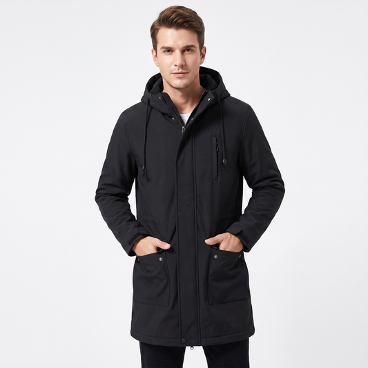 Men's Fleece Lined Softshell Parka Hooded Zip-Up Longline Windproof Coat