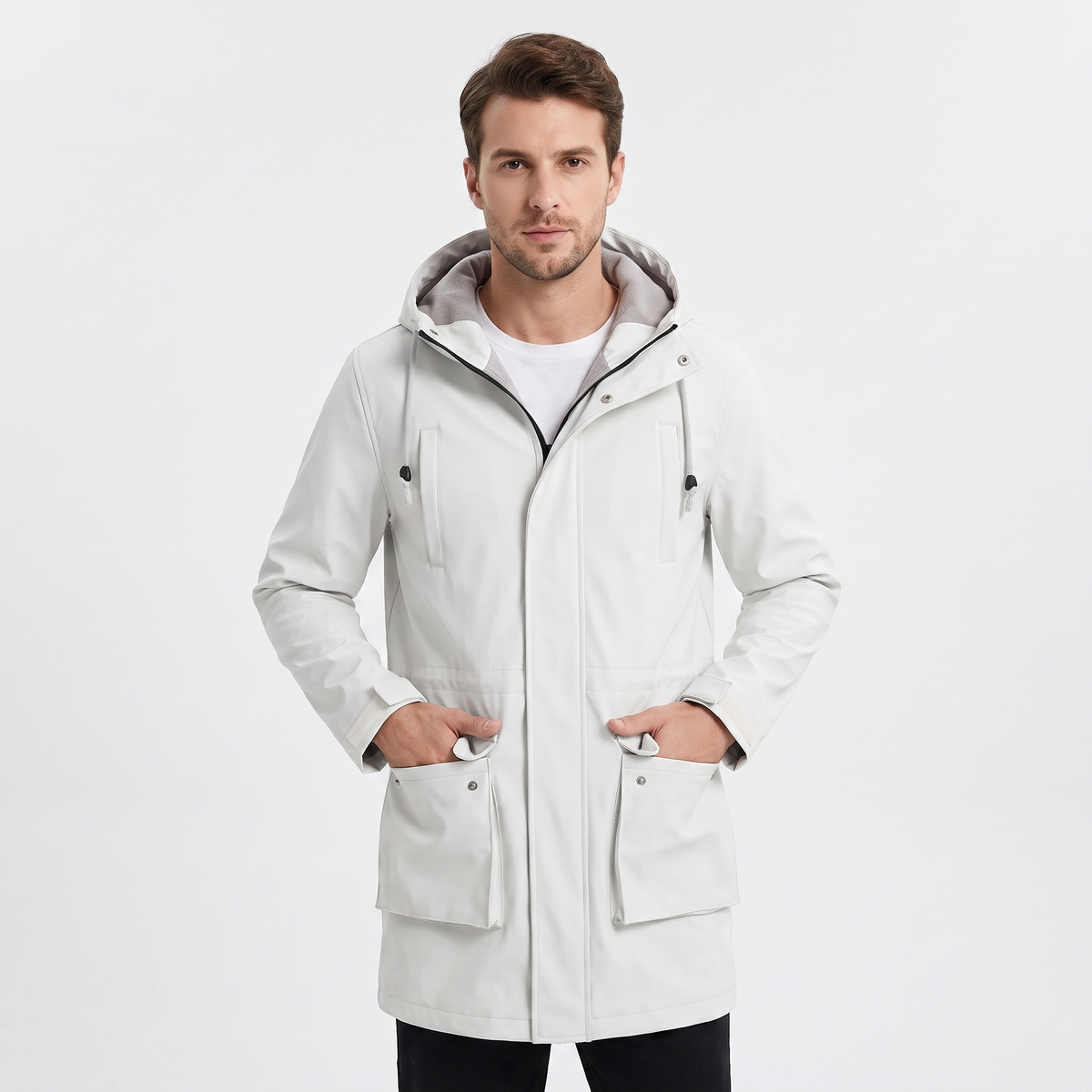 Men's Fleece Lined Softshell Parka Hooded Zip-Up Longline Windproof Coat
