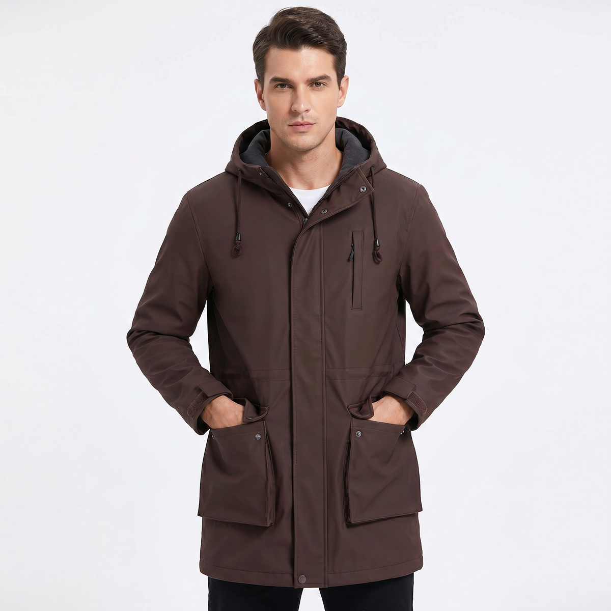 Men's Fleece Lined Softshell Parka Hooded Zip-Up Longline Windproof Coat