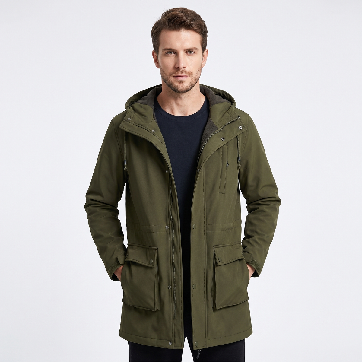 Men's Fleece Lined Softshell Parka Hooded Zip-Up Longline Windproof Coat