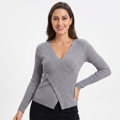 Women's Ribbed Wrap V-Neck Knit Top Long-Sleeve Fitted Slim Stretch