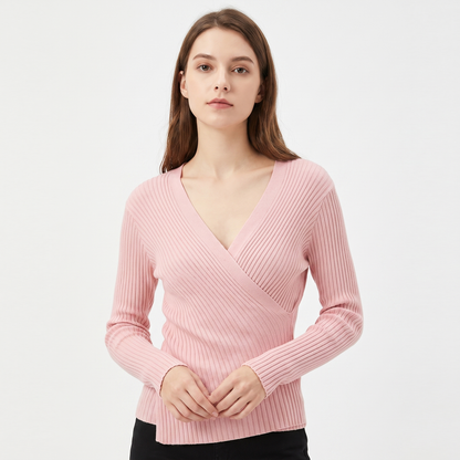 Women's Ribbed Wrap V-Neck Knit Top Long-Sleeve Fitted Slim Stretch