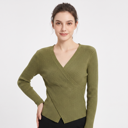 Women's Ribbed Wrap V-Neck Knit Top Long-Sleeve Fitted Slim Stretch