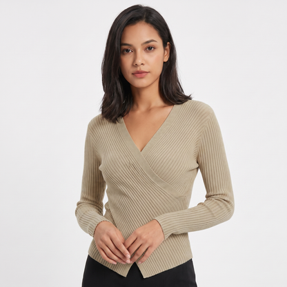 Women's Ribbed Wrap V-Neck Knit Top Long-Sleeve Fitted Slim Stretch