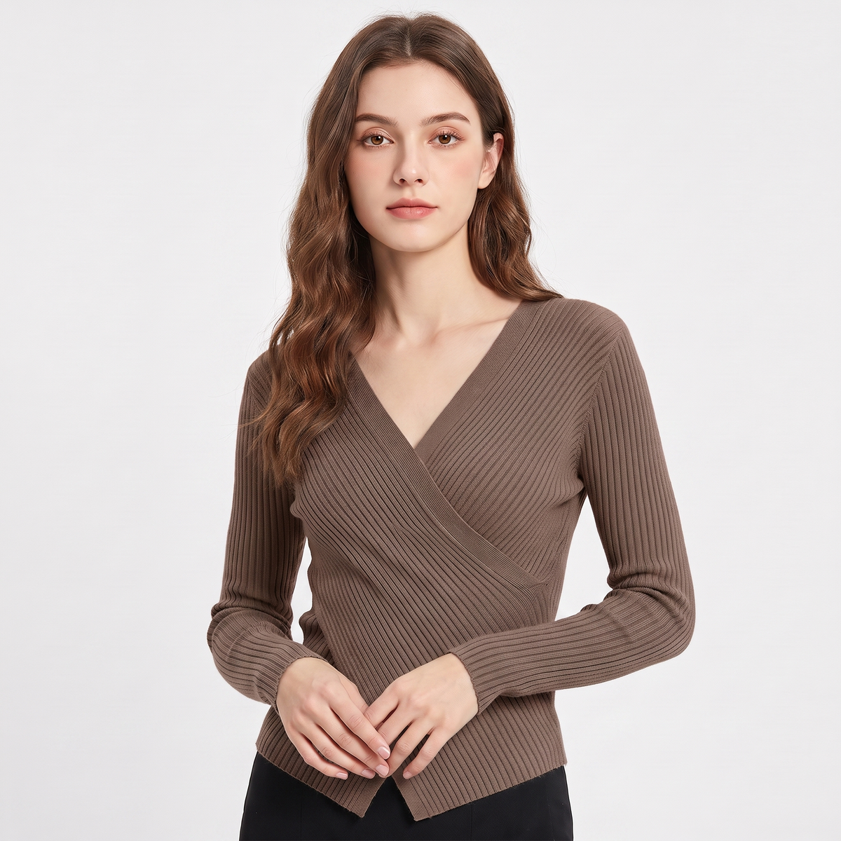 Women's Ribbed Wrap V-Neck Knit Top Long-Sleeve Fitted Slim Stretch
