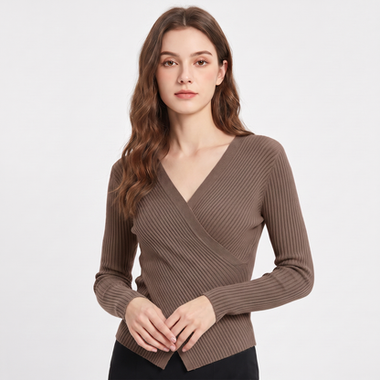 Women's Ribbed Wrap V-Neck Knit Top Long-Sleeve Fitted Slim Stretch