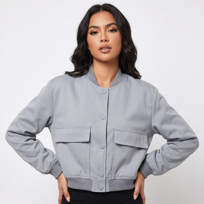 Women's Cropped Bomber Jacket Button Front Cargo Pocket Ribbed Trim Coat