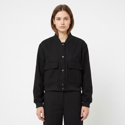 Women's Cropped Bomber Jacket Button Front Cargo Pocket Ribbed Trim Coat