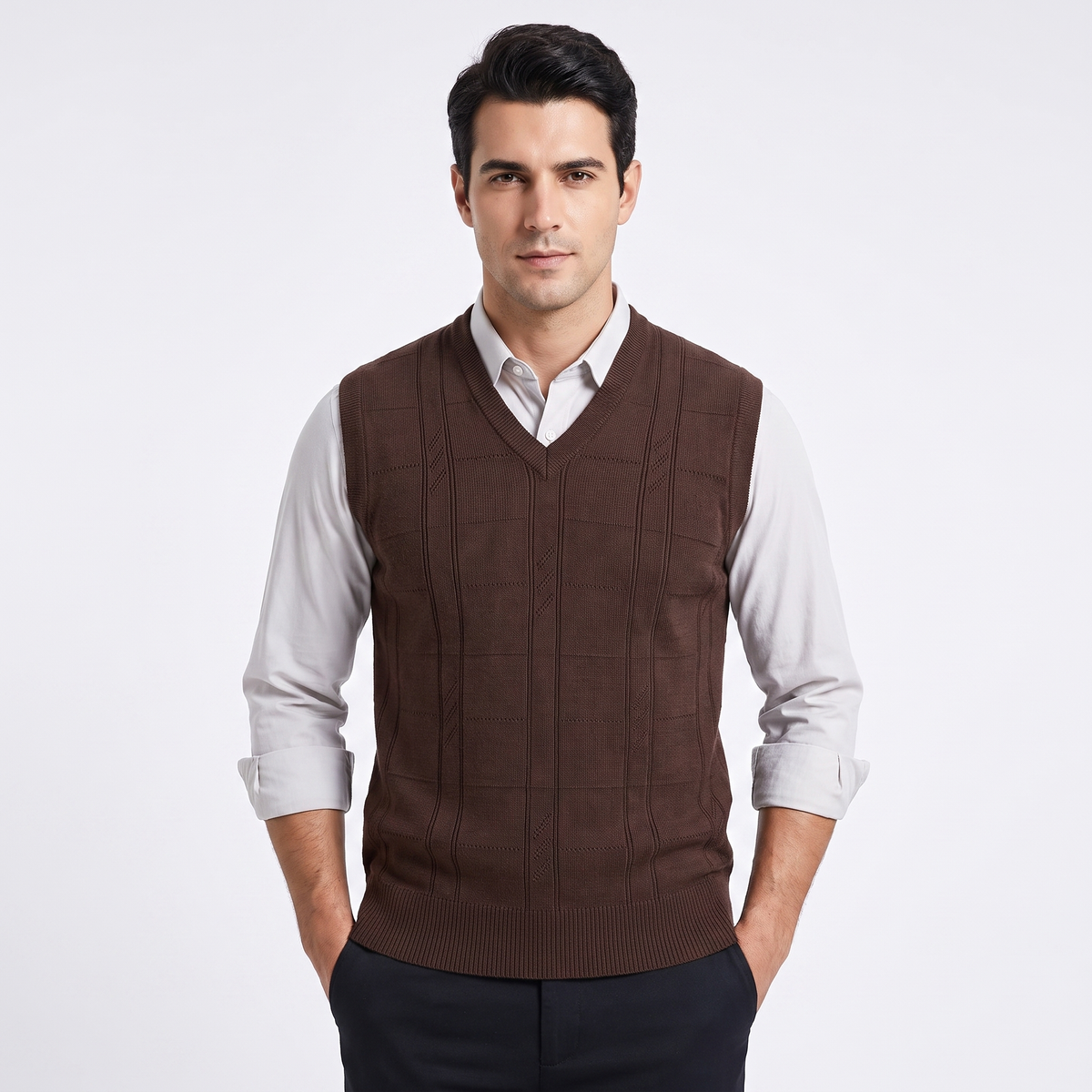 Men's V-Neck Knit Sweater Vest Sleeveless Argyle Texture Slim-Fit Top
