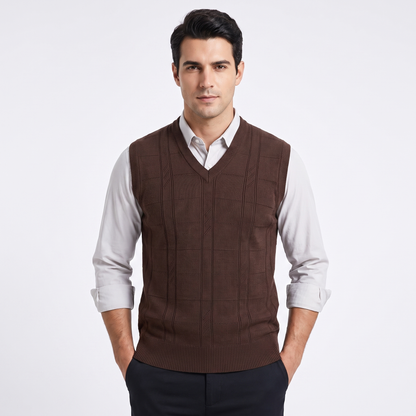 Men's V-Neck Knit Sweater Vest Sleeveless Argyle Texture Slim-Fit Top