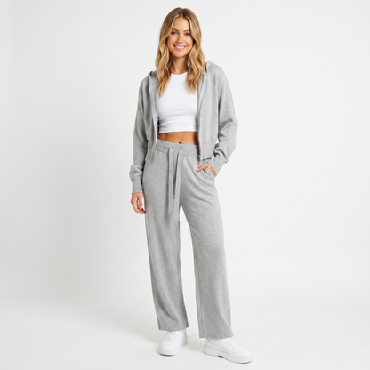 Women's Knit Two-Piece Set Zip-Up Jacket Wide-Leg Pants Loungewear