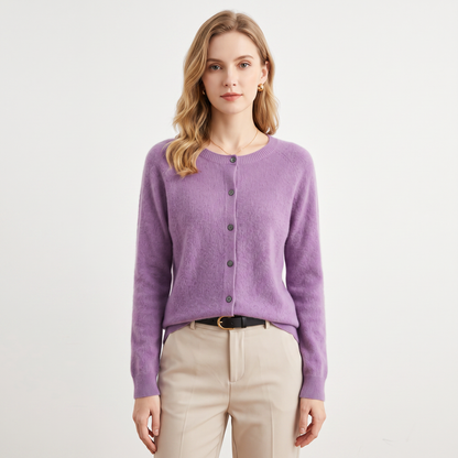 Women's Wool Knit Cardigan Crew-Neck Button-Up Long-Sleeve Winter Sweater