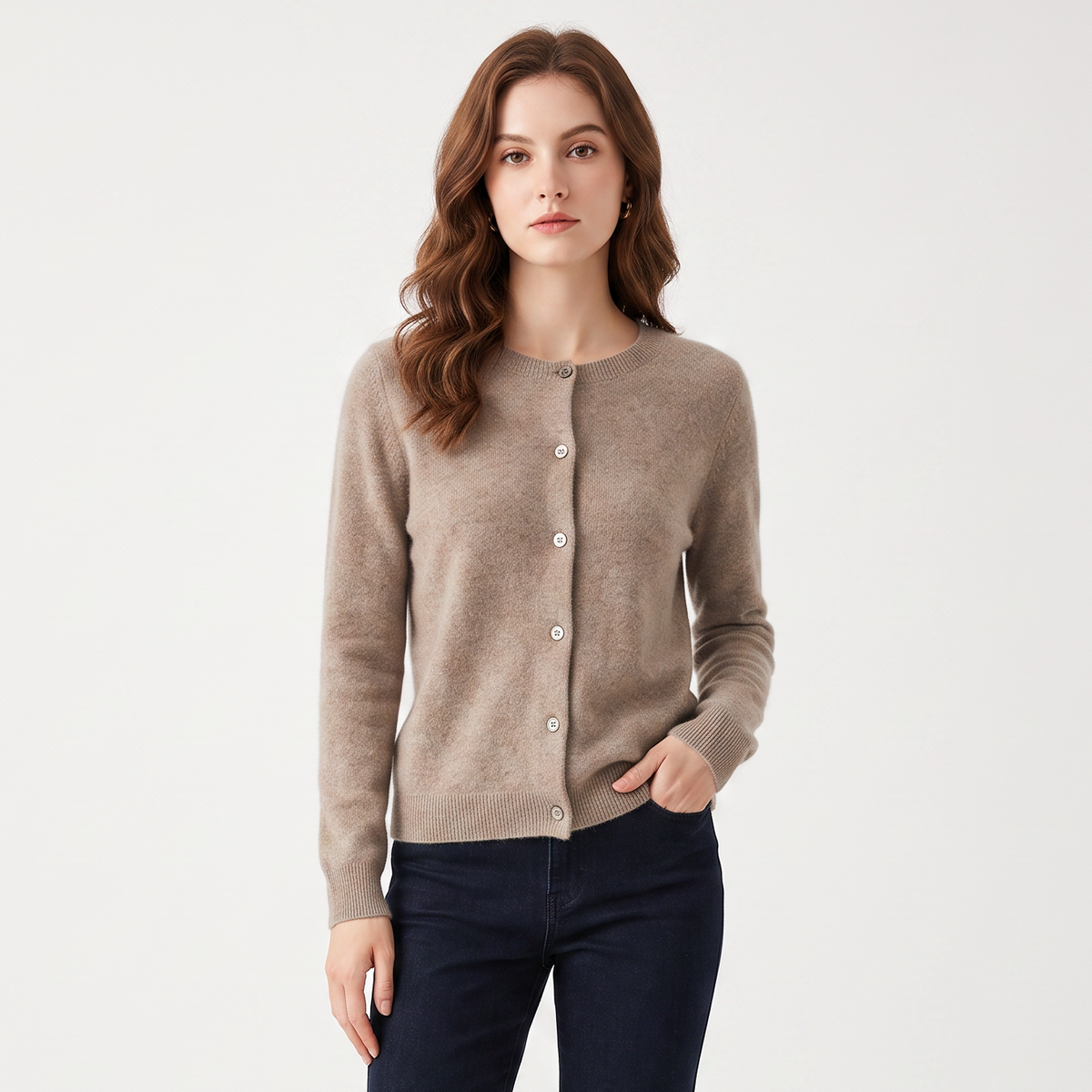 Women's Wool Knit Cardigan Crew-Neck Button-Up Long-Sleeve Winter Sweater