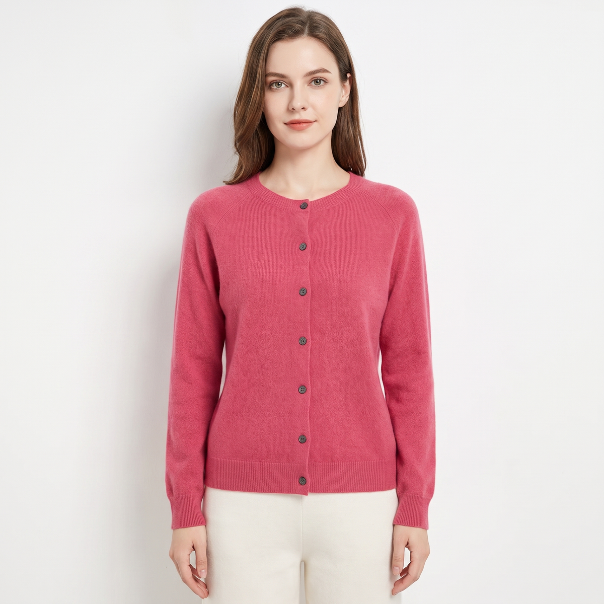 Women's Wool Knit Cardigan Crew-Neck Button-Up Long-Sleeve Winter Sweater
