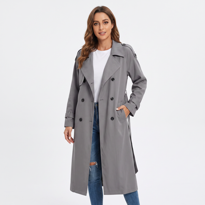 Women's Long Trench Coat Double-Breasted Belted Oversized Lapel Jacket