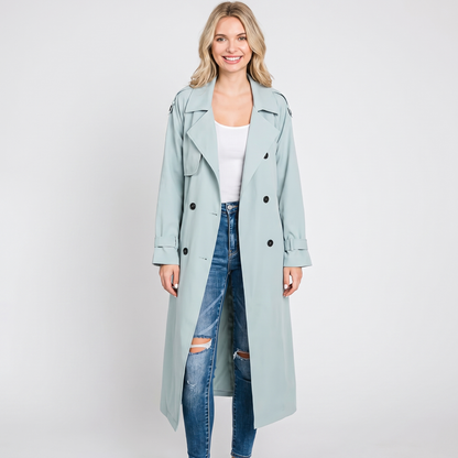 Women's Long Trench Coat Double-Breasted Belted Oversized Lapel Jacket