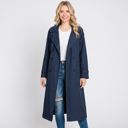 Women's Long Trench Coat Double-Breasted Belted Oversized Lapel Jacket