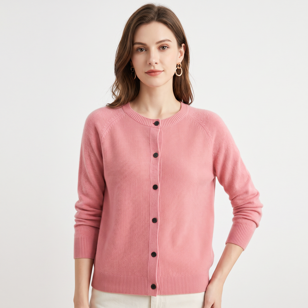 Women's Button-Front Cardigan Crew-Neck Knit Winter Sweater Slim-Fit