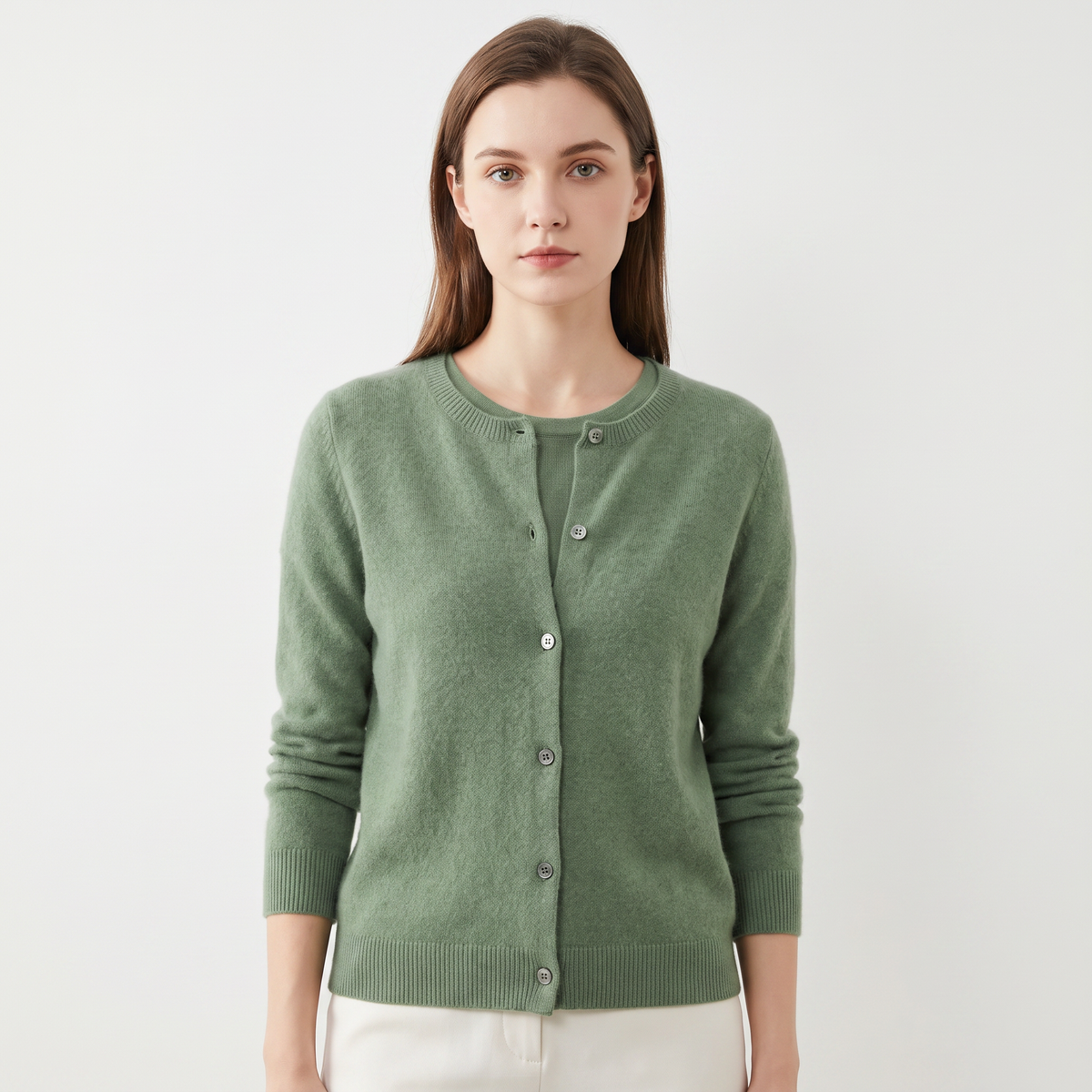 Women's Button-Front Cardigan Crew-Neck Knit Winter Sweater Slim-Fit