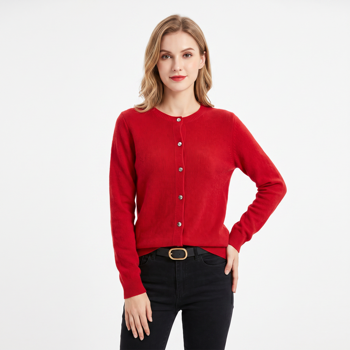 Women's Button-Front Cardigan Crew-Neck Knit Winter Sweater Slim-Fit