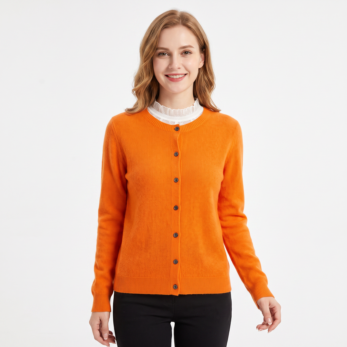 Women's Button-Front Cardigan Crew-Neck Knit Winter Sweater Slim-Fit