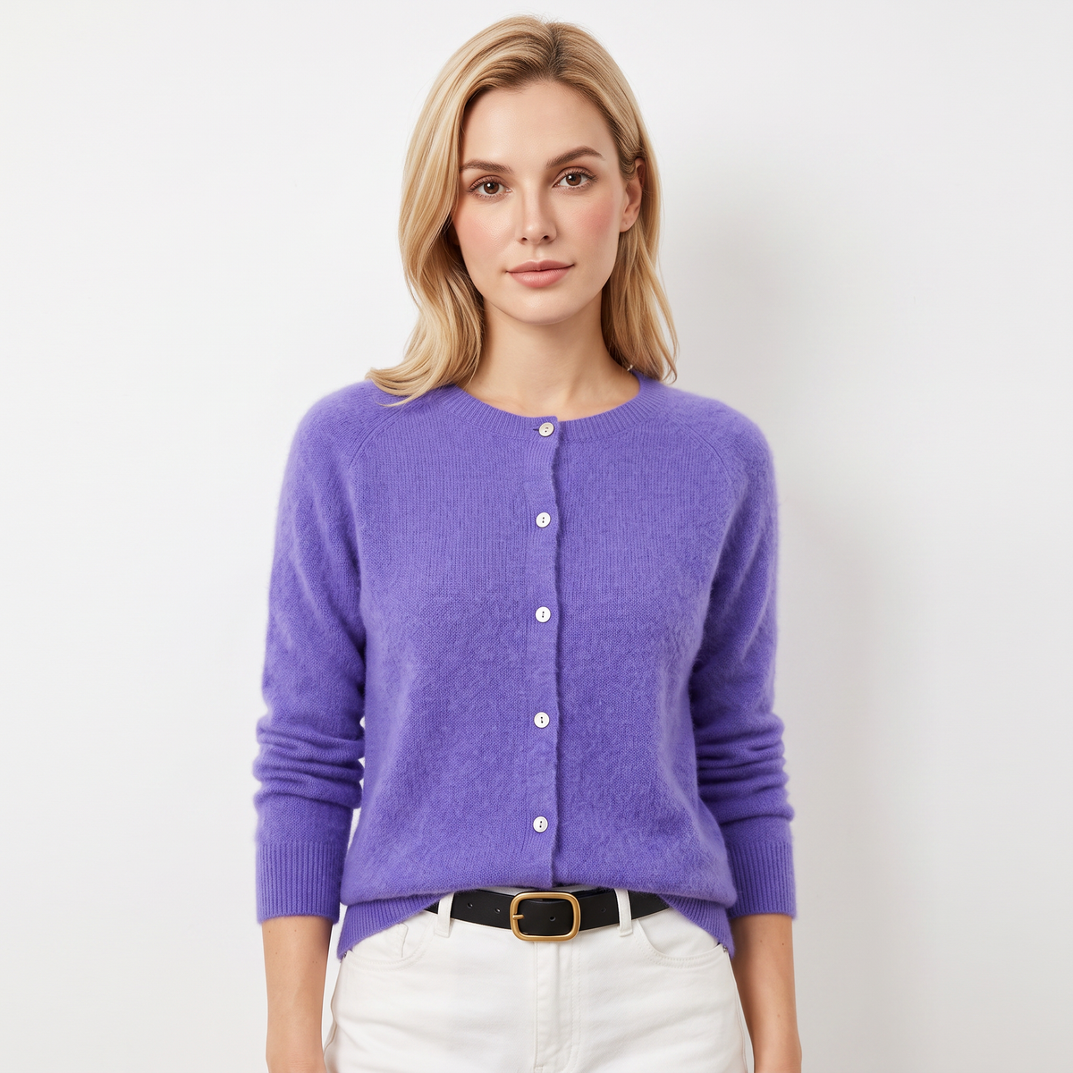 Women's Button-Front Cardigan Crew-Neck Knit Winter Sweater Slim-Fit