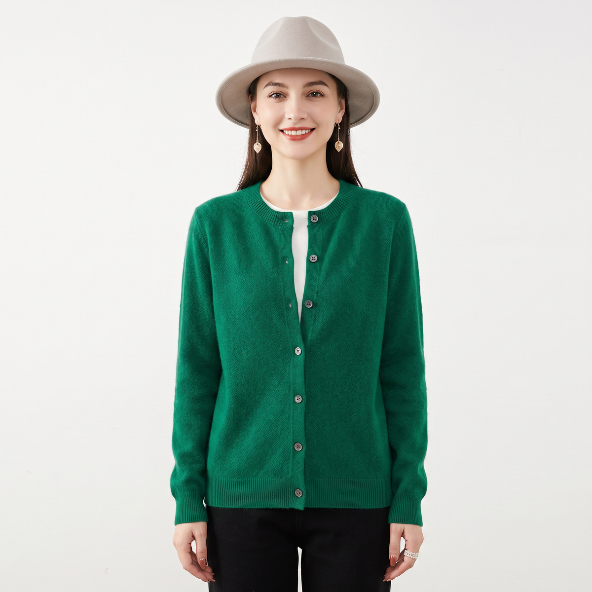 Women's Button-Front Cardigan Crew-Neck Knit Winter Sweater Slim-Fit