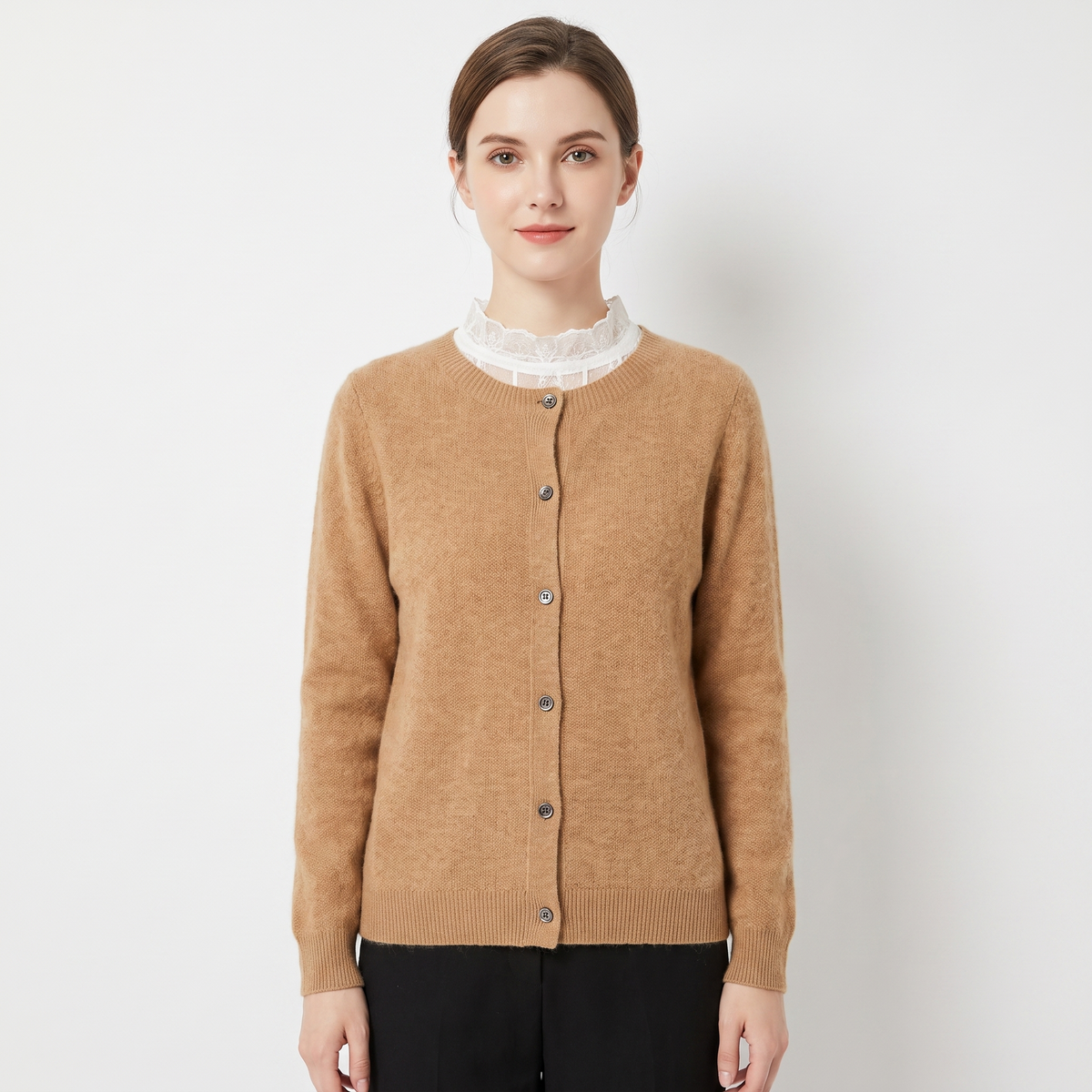 Women's Button-Front Cardigan Crew-Neck Knit Winter Sweater Slim-Fit