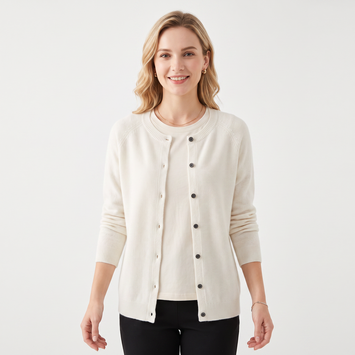 Women's Button-Front Cardigan Crew-Neck Knit Winter Sweater Slim-Fit