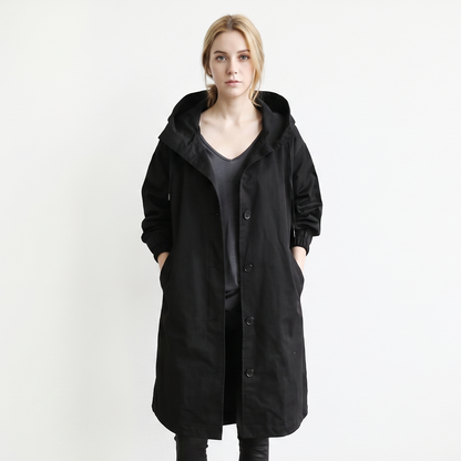 Women's Long Hooded Trench Coat Oversized Button-Front Casual Jacket