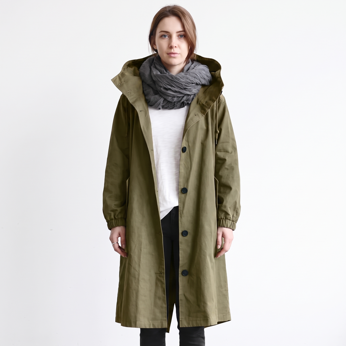 Women's Long Hooded Trench Coat Oversized Button-Front Casual Jacket