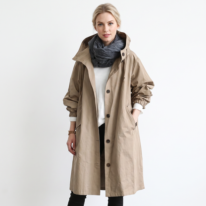Women's Long Hooded Trench Coat Oversized Button-Front Casual Jacket