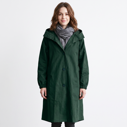 Women's Long Hooded Trench Coat Oversized Button-Front Casual Jacket