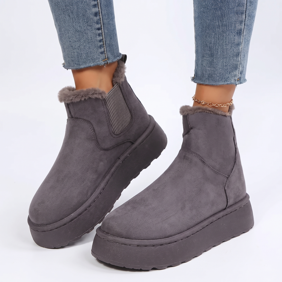 Women's Fur Lined Chelsea Platform Suede Ankle Winter Boots