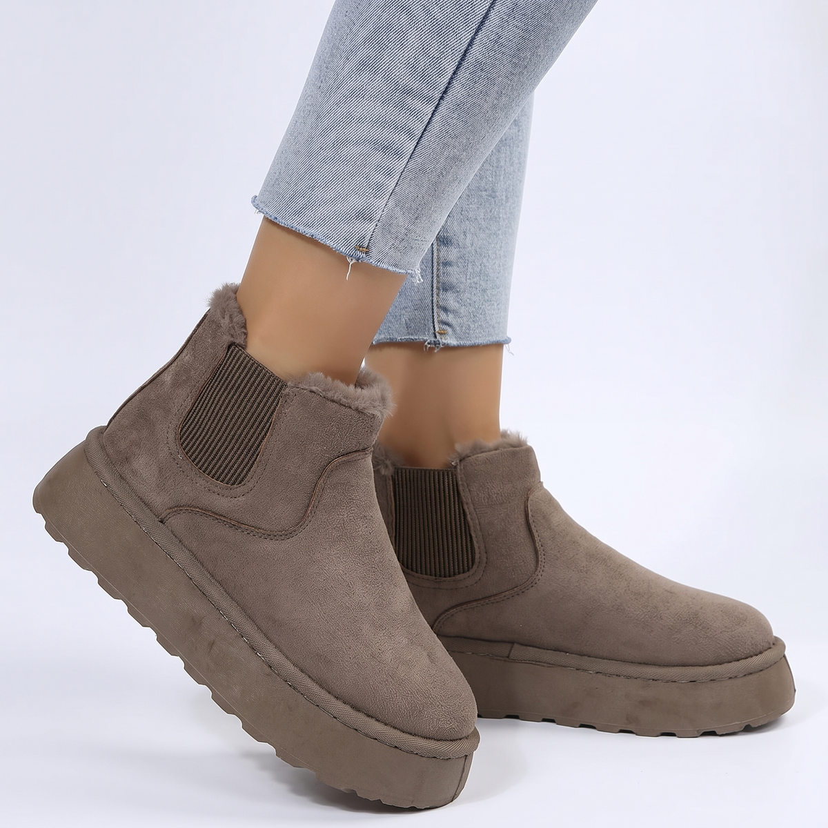 Women's Fur Lined Chelsea Platform Suede Ankle Winter Boots