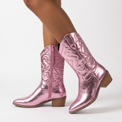 Women's Western Cowboy Winter Boots Embroidered Mid Calf Block Heel